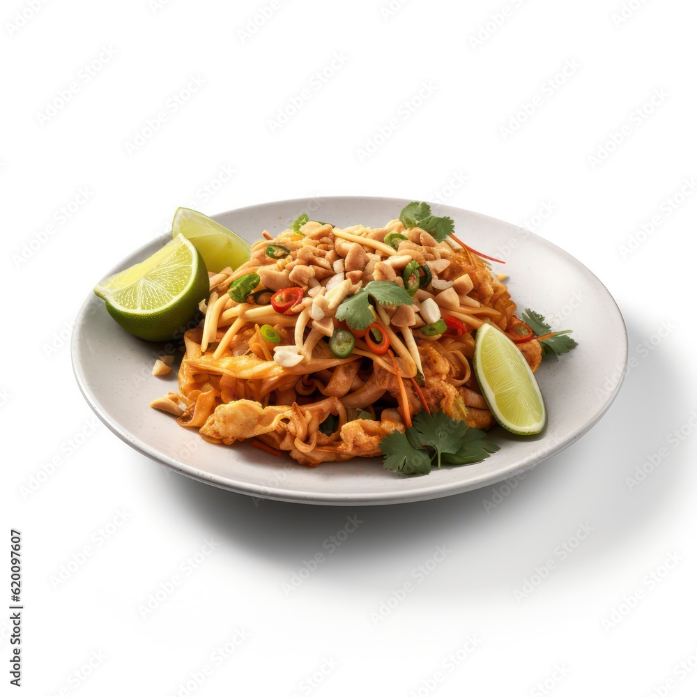 a plate of pad thai on white background for food photography generative ai