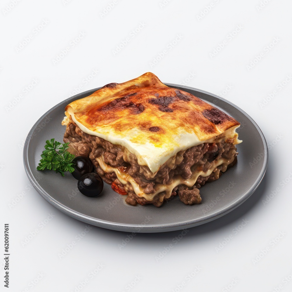 a plate of moussaka on white background for food photography generative ai