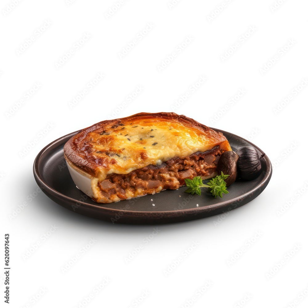 a plate of moussaka on white background for food photography generative ai a plate of moussaka on white background for food photography generative ai