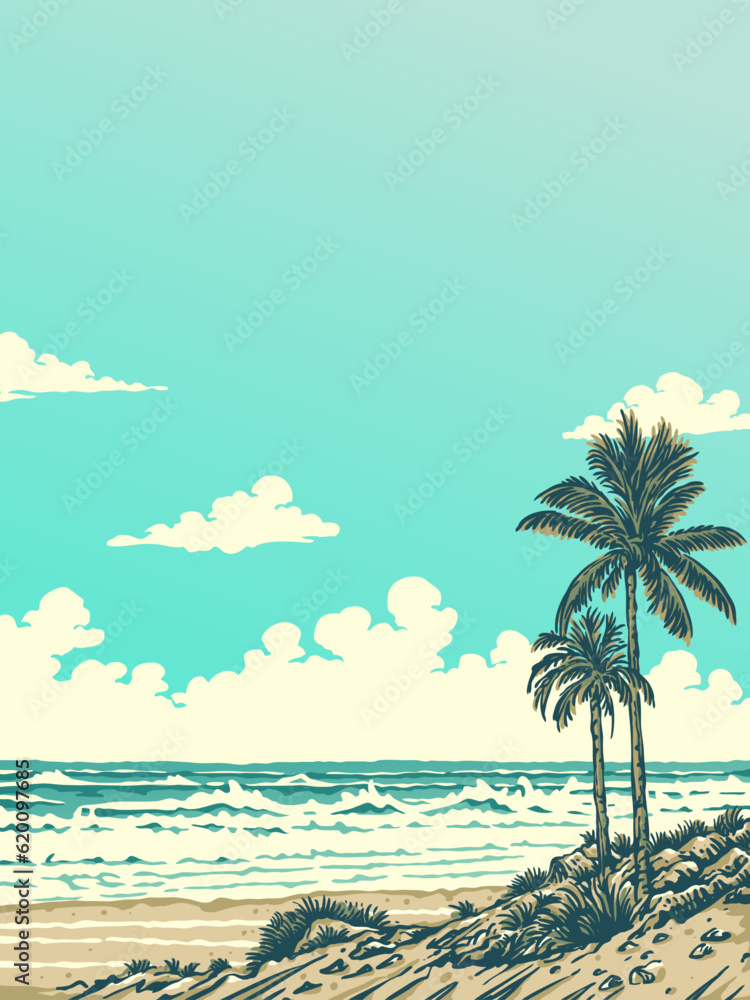 tropical beach and waves with a palm trees background illustration design