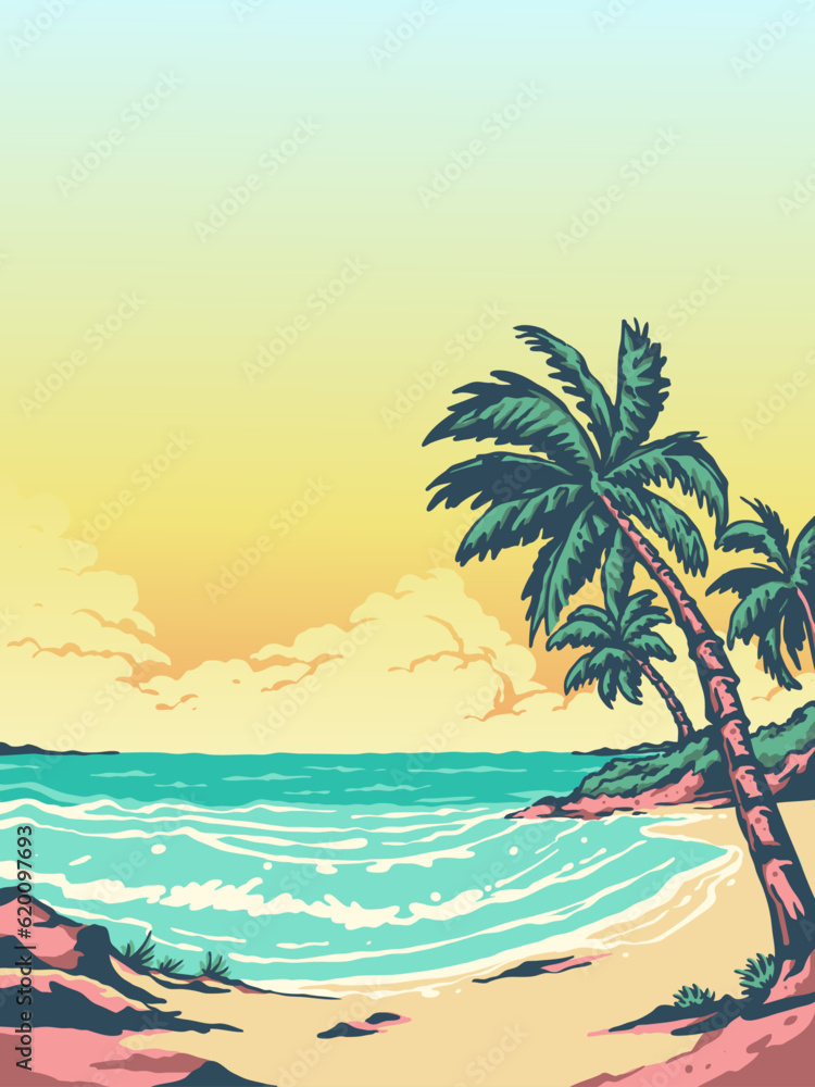 Retro vintage beach with coconut tree at sunset background illustration