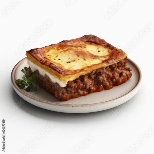 a plate of moussaka on white background for food photography generative ai