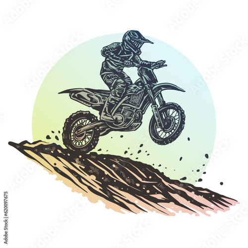 Colorful dirt bike motocross in action on the track with a vintage style illustration