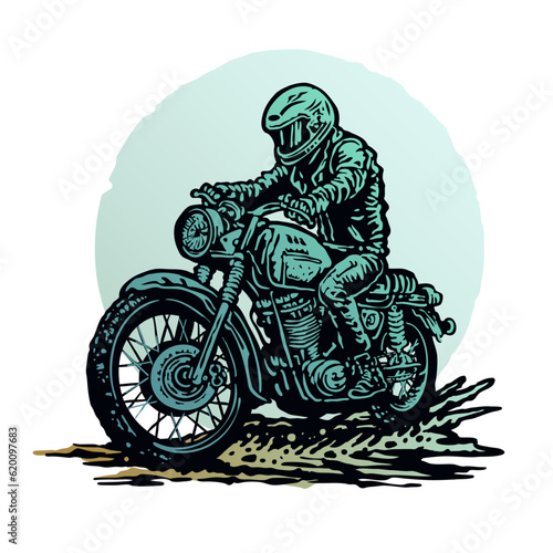 Colorful vintage retro custom motorcycle ride on the street with a old stamp style illustration 