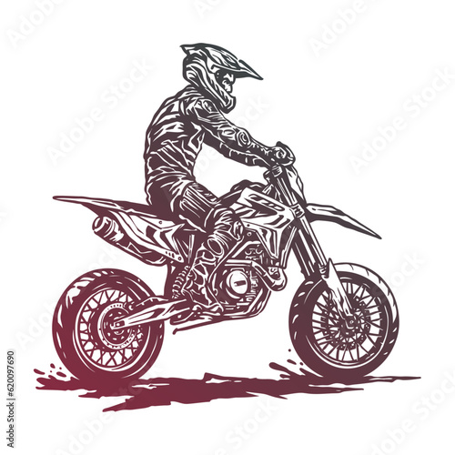 Elegant supermoto rider on the bike with a vintage style illustration