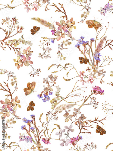 Wallpaper Mural Floral seamless pattern with dried flowers and butterflies hand drawn in watercolor. Watercolor print for wallpaper, fabric with wildflowers and herbs Torontodigital.ca