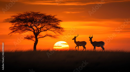 Melancholy in Nature  Tree  Deer  and the Setting Sun. Generative AI