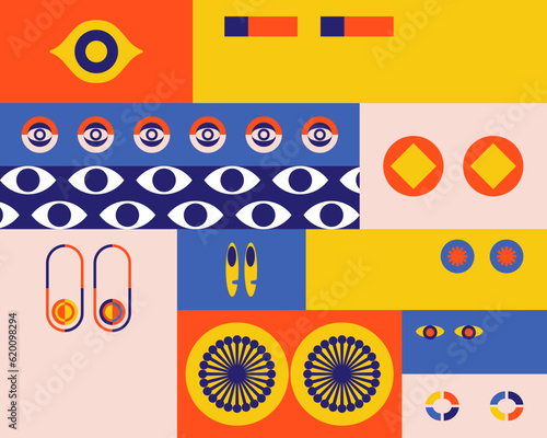 Eyes collection swiss bauhaus illustration background element pattern colorful fabric textile printable card banner poster editable