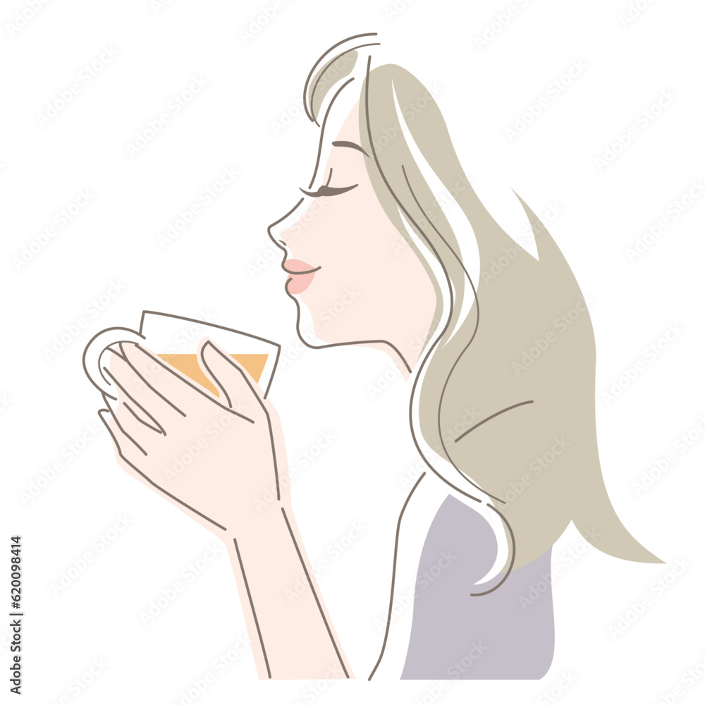 Smiling young woman holding and smelling tea cup. Vector illustration in line drawing, isolated on white background. Smiling young woman holding and smelling tea cup. Vector illustration in line drawing, isolated on white background.
