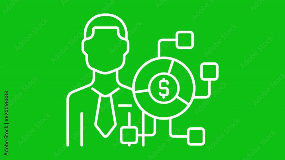 Digital finance white icon animation. Animated line business expert with rotating pie chart. Loop HD video with chroma key, alpha channel, transparent background. Outline motion graphic animation Digital finance white icon animation. Animated line business expert with rotating pie chart. Loop HD video with chroma key, alpha channel, transparent background. Outline motion graphic animation