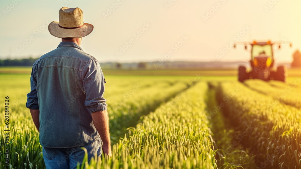 Farmer standing wearing a cowboy hat, against a background of wheat fields and tractors.