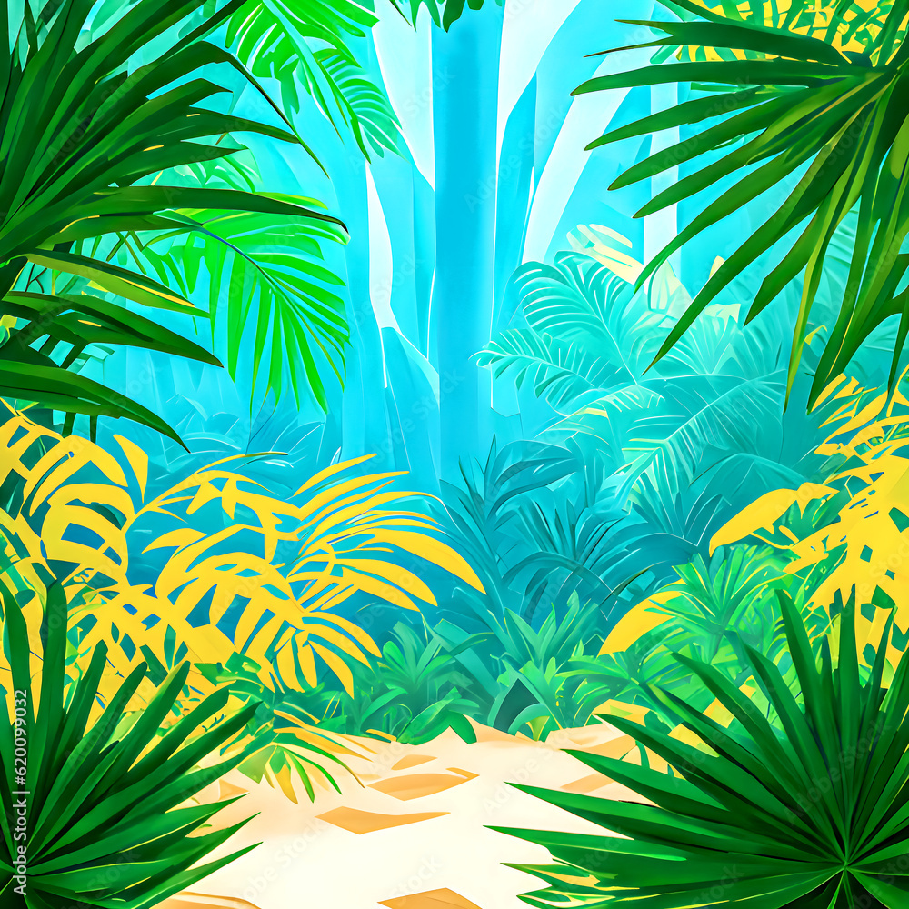 Illustration of an abstract colorful jungle landscape. Generative AI