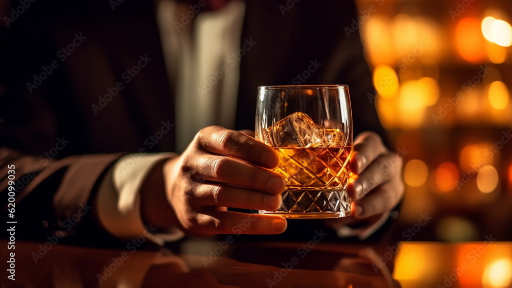 Executive holding whiskey to illustrate executive privilege concept.