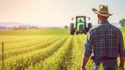 Farmer standing wearing a cowboy hat  against a background of wheat fields and tractors.