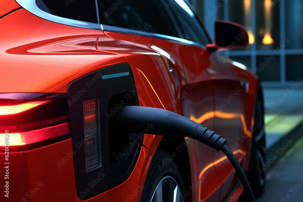 Fototapeta premium Electric car, charger or city in eco friendly transport, green energy or closeup ai generated travel