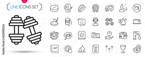 Pack of Return package, Glass and User notification line icons. Include Laptop, Loyalty ticket, Megaphone pictogram icons. Click hand, Medical tablet, Heart signs. Tap water. Vector
