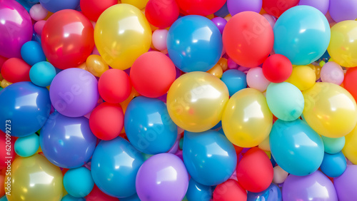 Many colorful balloons decorated wall as background