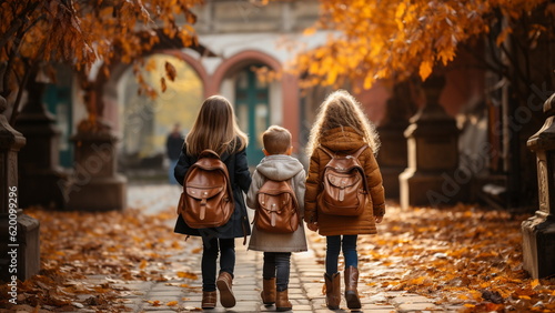 School friends, school backpacks on their backs walk after class. back to school concept.