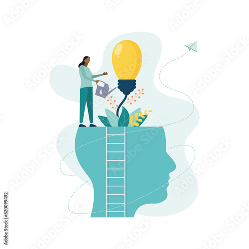 Business woman waters this growing bulb from the brain as  metaphor for personal growth. Hatching an idea. Vector illustration in flat style