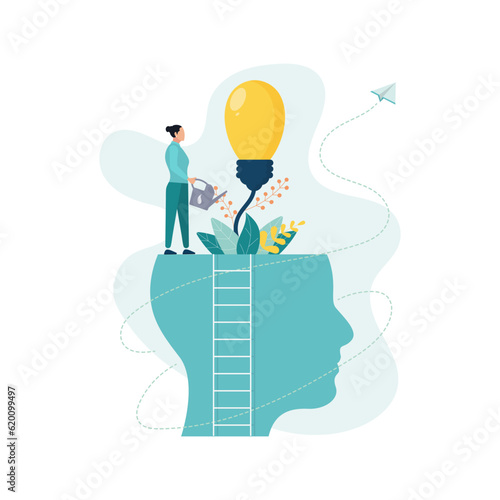 Business woman waters this growing bulb from the brain as  metaphor for personal growth. Hatching an idea. Vector illustration in flat style