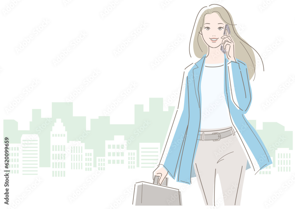 Young businesswoman using mobile phone walking in urban place. Vector illustration in line drawing, isolated on white background. Young businesswoman using mobile phone walking in urban place. Vector illustration in line drawing, isolated on white background.