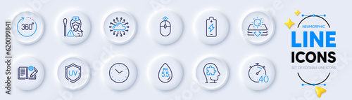 Ph neutral, Cloud network and Swipe up line icons for web app. Pack of Uv protection, 360 degrees, Engineering documentation pictogram icons. Nurse, Timer, Battery charging signs. Vector