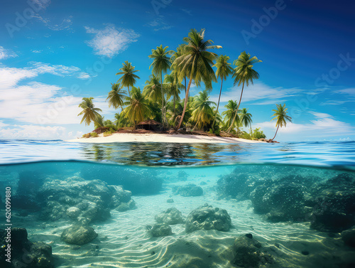 Tropical landscape with palm tree island with underwater scene showing
