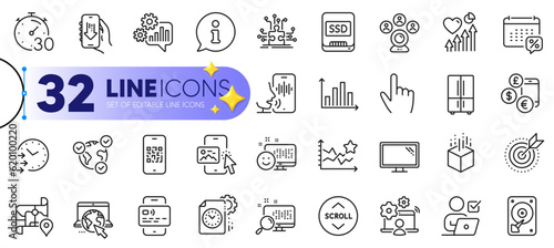 Outline set of Internet, Phone image and Heart beat line icons for web with Map, Cursor, Refrigerator thin icon. Monitor, Card, Info pictogram icon. Diagram graph, Augmented reality, Timer. Vector