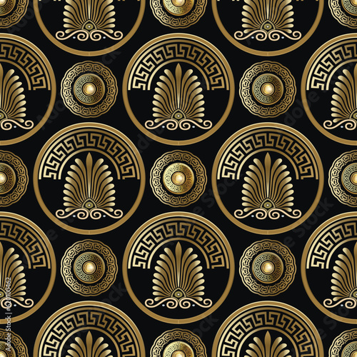 Luxury floral greek style 3d gold mandalas seamless pattern. Ornamental modern beautiful vector background. Repeat backdrop. Greek key meanders ornament with vintage flowers, circles. Endless texture