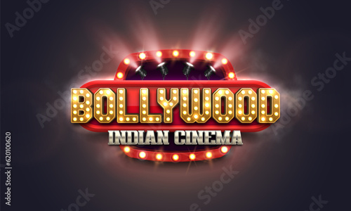 Bollywood indian cinema. Movie banner or poster with retro billboard and spotlights. Vector illustration.