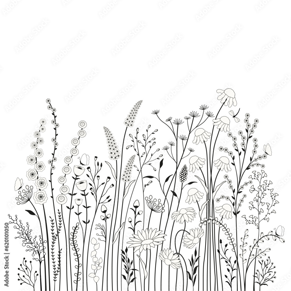 Card with abstract cute flowers. Black and white illustration. Card with abstract cute flowers. Black and white illustration.