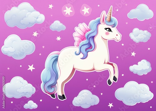 Cute and magical unicorn with hearts, clouds, and rainbows