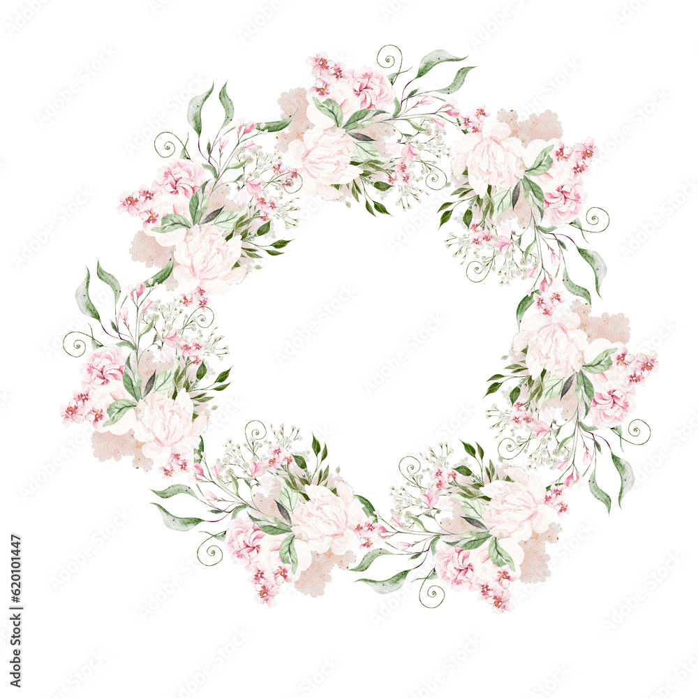 Watercolor wedding wreath with roses flowers, green leaves.
