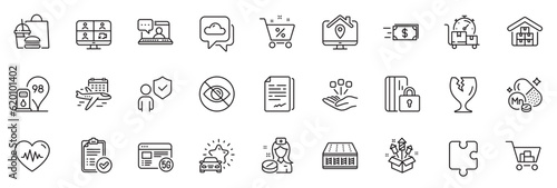 Icons pack as Weather forecast, Money transfer and Consolidation line icons for app include Fragile package, Fast food, Nurse outline thin icon web set. Security, Manganese mineral. Vector