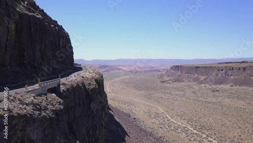 Cliff aerial: Road carved into rock wall of Frenchman Coulee, WA state photo