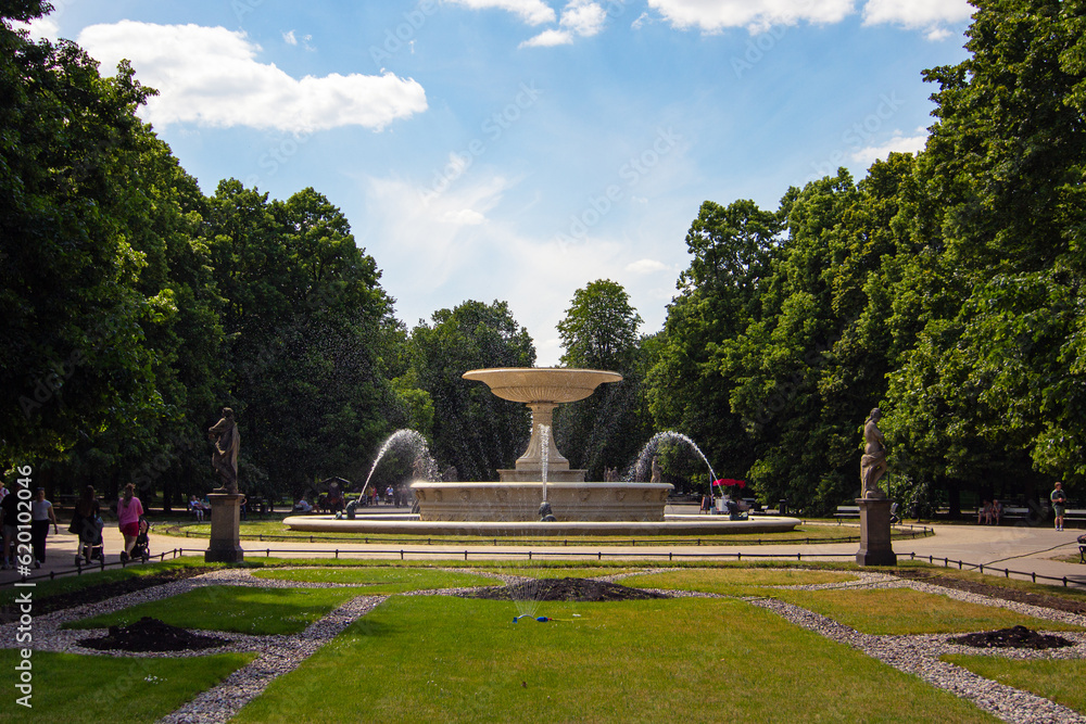 Beautiful fountain in Saxon garden (also known as Saski park) in Warsaw, Poland