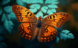 Close up of an orange butterfly on a leaf. Generative AI technology.