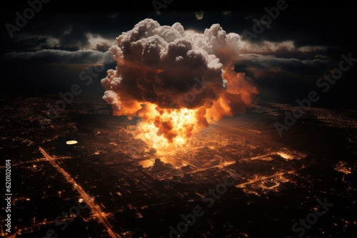 An apocalyptic cityscape engulfed in towering mushroom clouds from a series of nuclear explosions