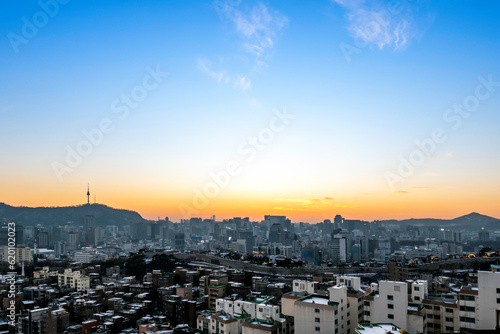 Cityscap of seoul city from top of mountain at sunset, South korea