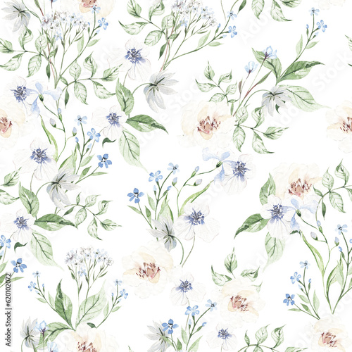 Watercolor seamless pattern with roses and wildflowers.