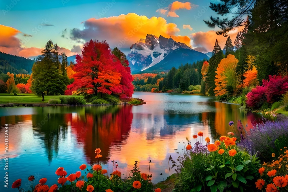 Naklejka premium autumn landscape with lake Generated Ai