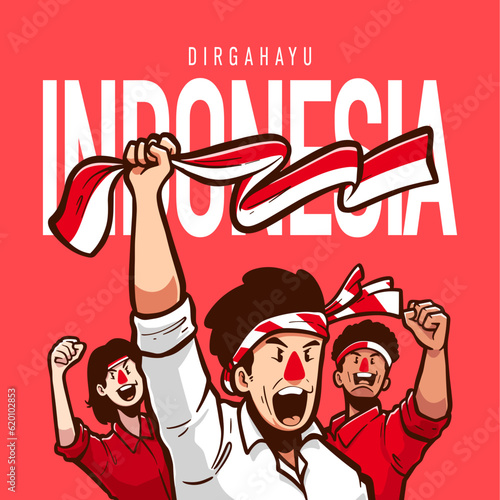 people with Indonesian flag cartoon vector illustration for dirgahayu kemerdekaan indonesia photo