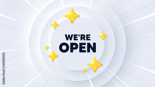 We are open tag. Neumorphic banner with sunburst. Promotion new business sign. Welcome advertising symbol. Open message. Banner with 3d stars. Circular neumorphic template. Vector