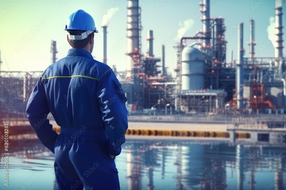 An engineer in a protective suit stands with his back turned, diligently checking a list at a petrochemical refinery complex. Generative AI.