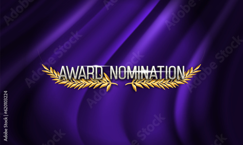 Award nomination with golden laurel wreath on curtain background. Vector illustration.