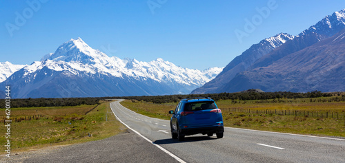 Landscape view of  mountain range near Aoraki Mount Cook and the road leading to Mount Cook Village in New zealand photo