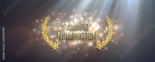 Award nomination with golden laurel wreath illuminated by spotlights. Vector illustration.