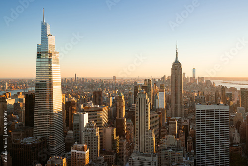 New York City aerial skyline of Midtown skyscrapers. The cityscape view extends all the way to Lower Manhattan