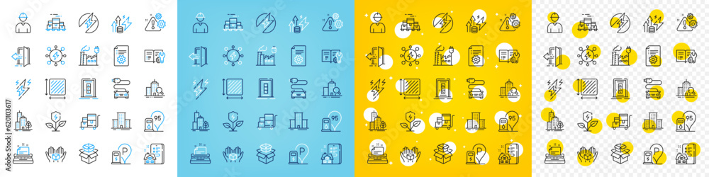 Vector icons set of Factory, Square area and Hold box line icons pack for web with Inspect, Warning, Eco power outline icon. Car charge, Petrol station, Typewriter pictogram. Vector Vector icons set of Factory, Square area and Hold box line icons pack for web with Inspect, Warning, Eco power outline icon. Car charge, Petrol station, Typewriter pictogram. Vector