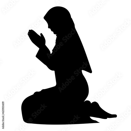 Muslim woman praying silhouette isolated on white background. Vector illustration
